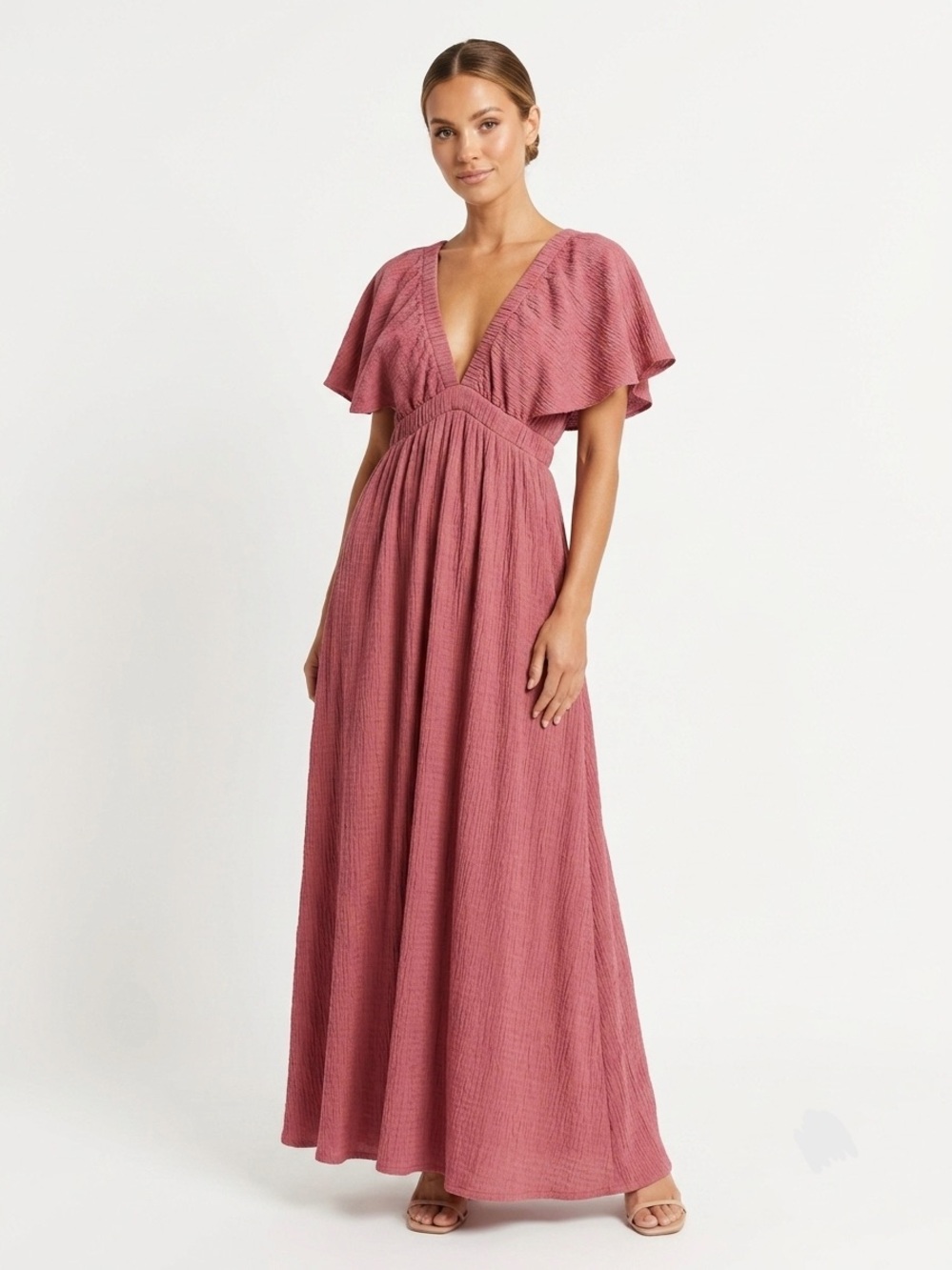 Aemi + Co, Pink V-Neck Flutter Sleeve Maxi Dress - S